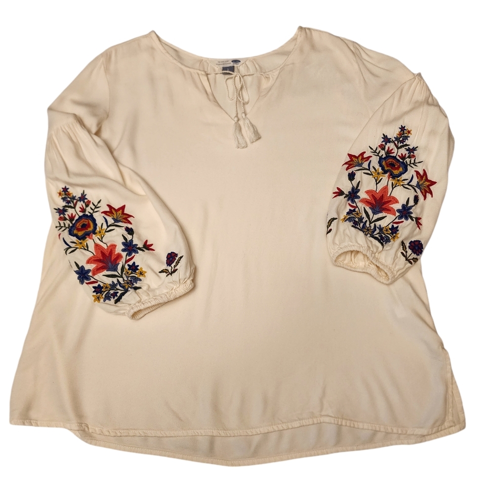 Embroidered White Peasant Tunic Blouse Size L